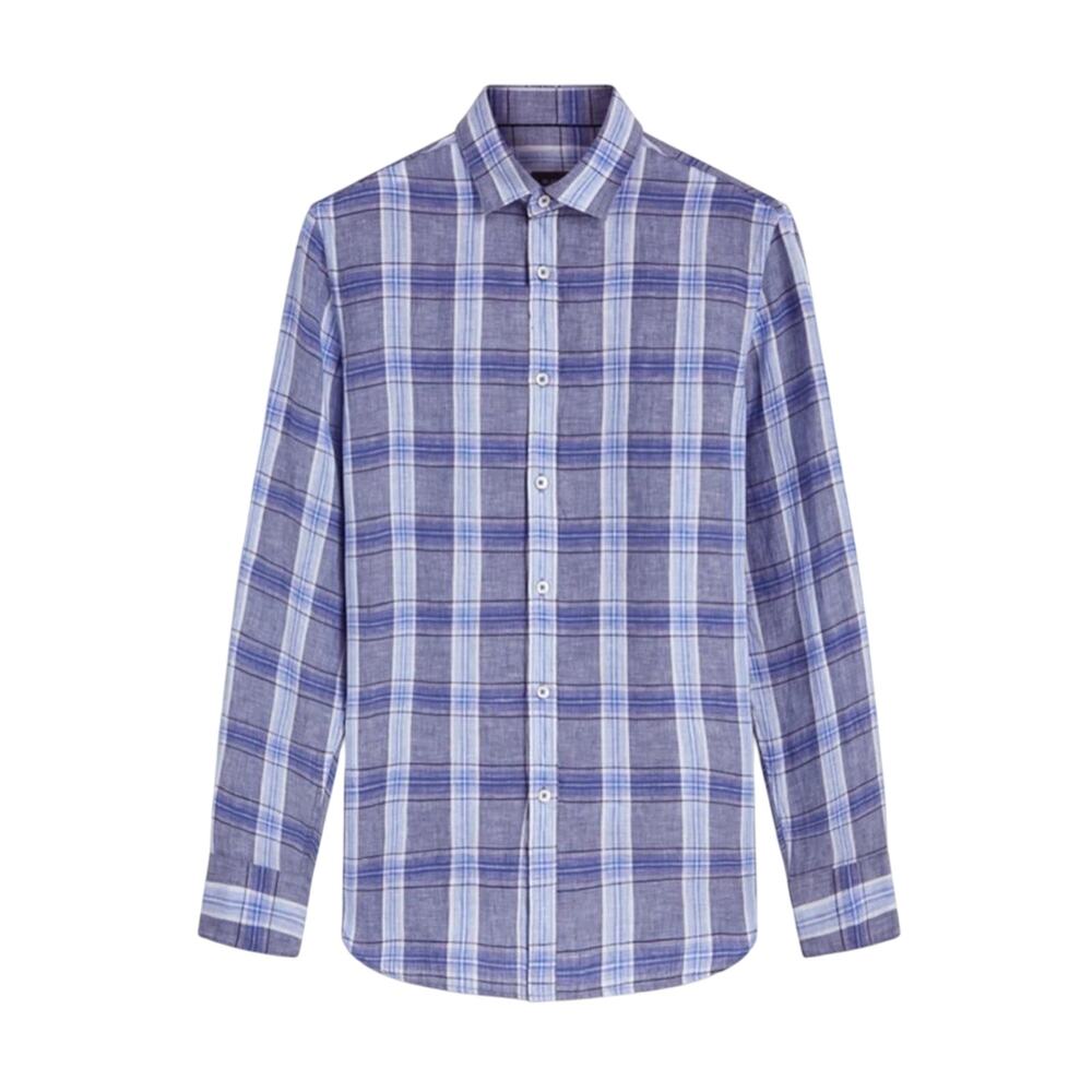 Bugatchi Julian Plaid Check Linen Shaped Fit Classic Blu Gray Shirt Size M - Picture 3 of 5